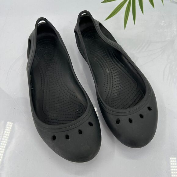CROCS Women's Kadee Ballet Flats Size 9 Black Rubber Slip On Cutout Vented Shoe - Picture 1 of 8